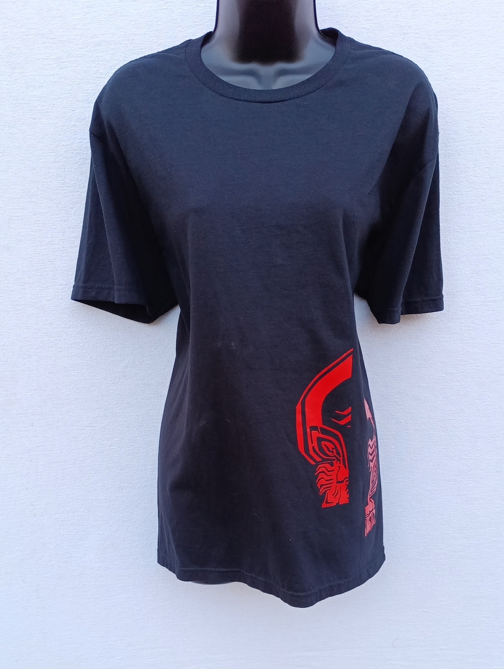 Upcycled Classic Black Short-Sleeve Tee with Red Skull Side And Shoulder Graphic